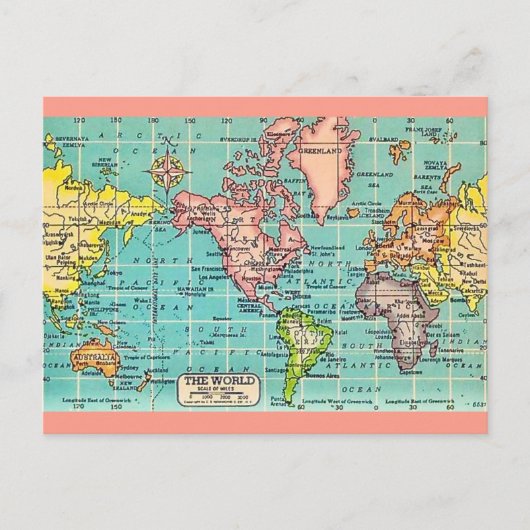 カラフルなヴィンテージ世界地図 ポストカード (正面)