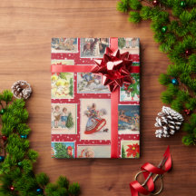 カラフルなヴィンテージ クリスマス ポストカード ラッピングペーパー