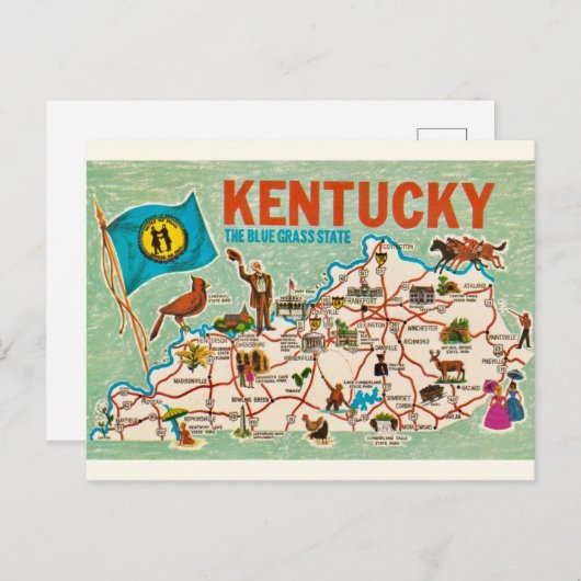 カラフルなヴィンテージ ケンタッキー州の地図 ポストカード (正面/裏面)