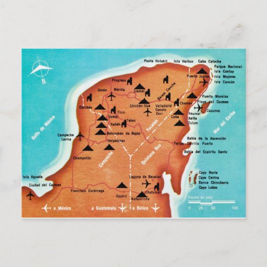 カラフルなヴィンテージ ユカタン メキシコ 地図 ポストカード (正面)