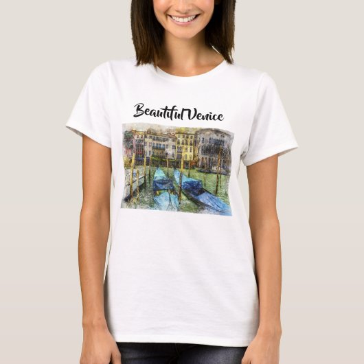 カラフルなヴェネツィアの青いゴンドラの絵 Tシャツ (正面)
