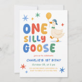 カラフルな一羽のとんまなガチョウ 子供の1歳の誕生日 招待状 (正面)