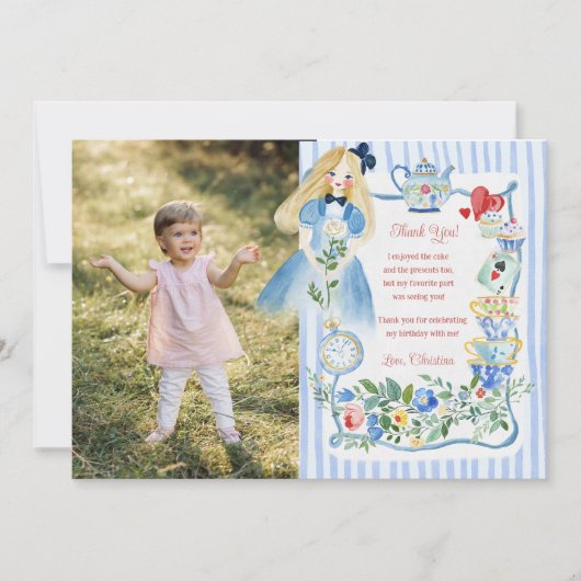 カラフルな不思議の国のアリスの誕生日 サンキューカード (正面)