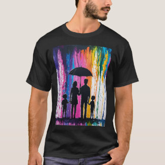 カラフルな世界の中で黒い傘の下の家族のシルエット Tシャツ