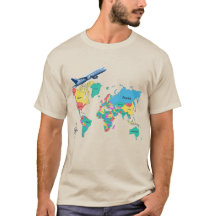 カラフルな世界地図とヴィンテージ飛行機トラベルTシャツ