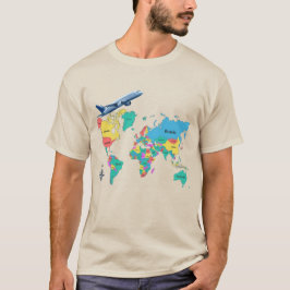 カラフルな世界地図とヴィンテージ飛行機トラベルTシャツ Tシャツ