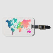 カラフルな世界地図のMOMカスタムモノグラム名前 ラゲッジタグ (正面横)
