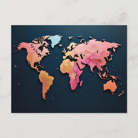 カラフルな世界地図 - 水彩画の旅行アート ポストカード (正面)