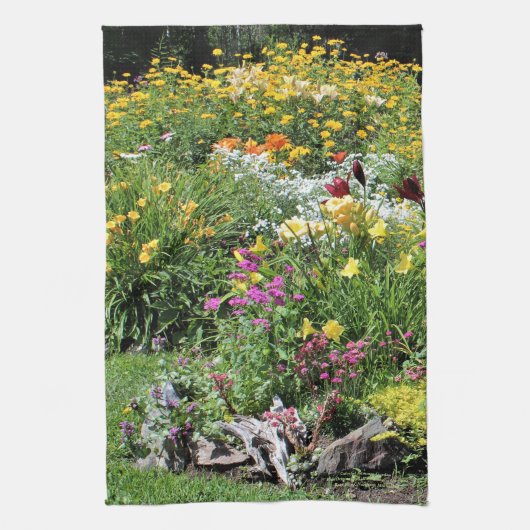 カラフルな中間の夏の庭! キッチンタオル (縦)