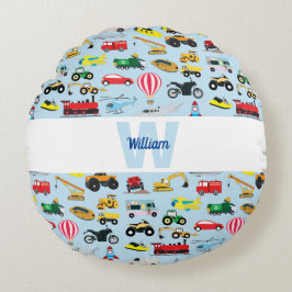 カラフルな乗り物と交通機関の子供用パターン ラウンドクッション