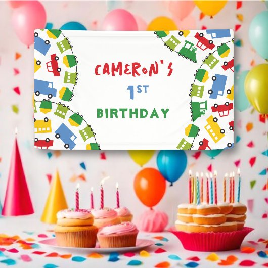 カラフルな乗り物のおもちゃ 男の子の誕生日パーティー 横断幕