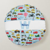 カラフルな乗り物 & 交通機関 子供向けパターン ラウンドクッション (裏面)