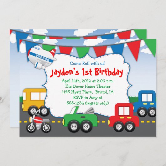 カラフルな交通機関のテーマのパーティの招待状 招待状 (正面/裏面)