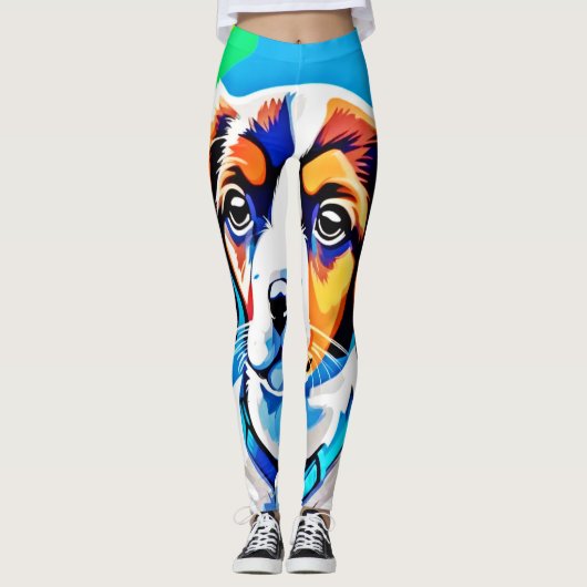 カラフルな仔犬の肖像画 レギンス (正面)