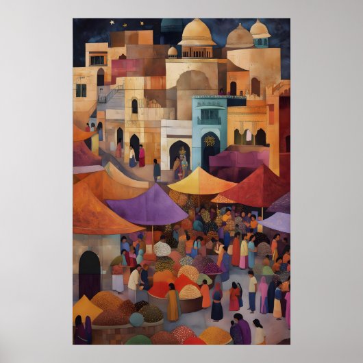 カラフルな伝統的なインドの市場絵画 ポスター (正面)