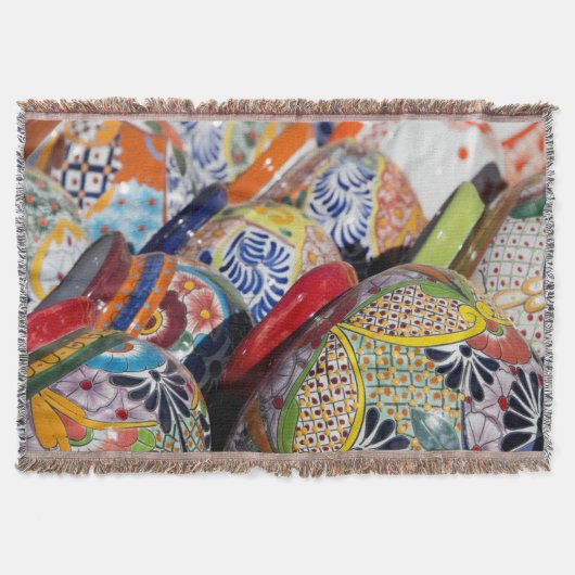 カラフルな伝統的な手描きのメキシコの陶器 スローブランケット (正面)