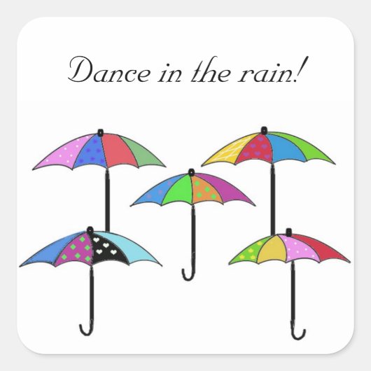 カラフルな傘が雨の中で踊る スクエアシール (正面)