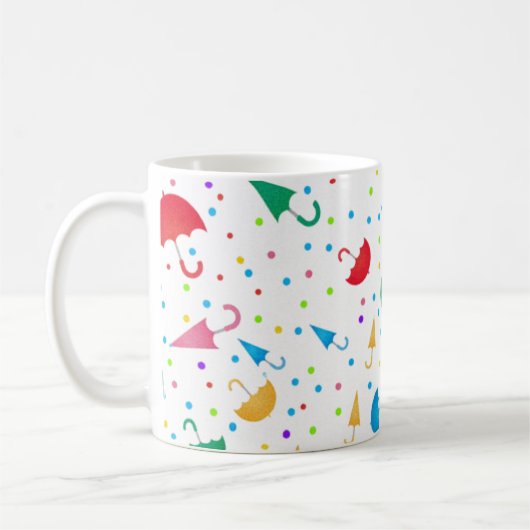 カラフルな傘と紙吹雪のパターン コーヒーマグカップ (左)