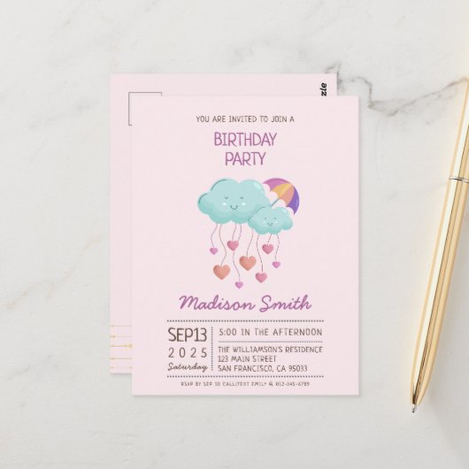 カラフルな傘の誕生日カード かわいい雲 ポストカード (正面/裏面インサイチュ)