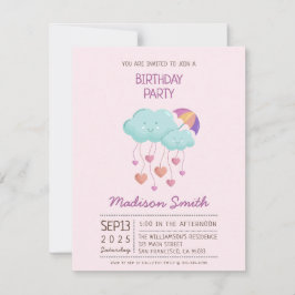 カラフルな傘の誕生日カード かわいい雲 招待状