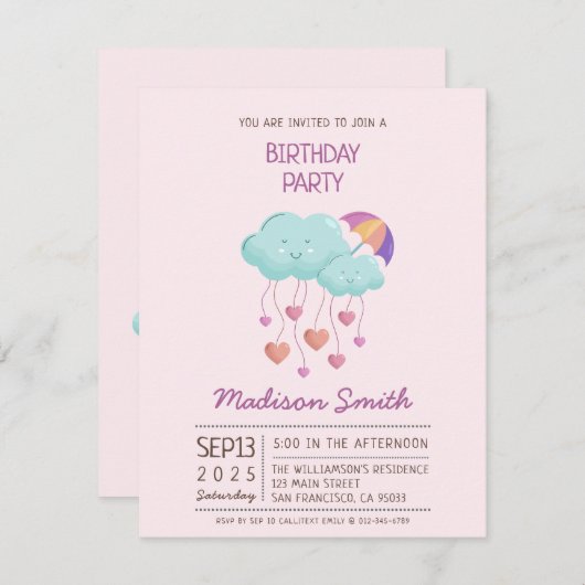 カラフルな傘の誕生日カード かわいい雲 招待状 (正面/裏面)