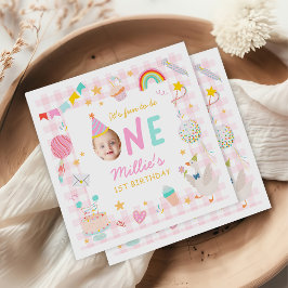 カラフルな写真の女の子 1歳の誕生日おめでとう スタンダードカクテルナプキン