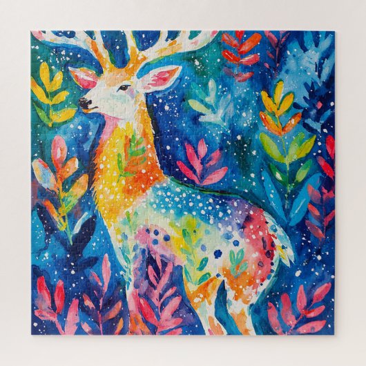 カラフルな冬のシカの水彩画 ジグソーパズル (縦)