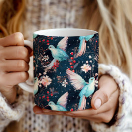 カラフルな冬のハチドリと花のパターン コーヒーマグカップ