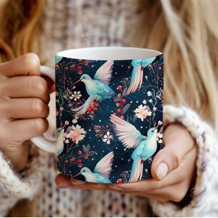 カラフルな冬のハチドリと花のパターン コーヒーマグカップ