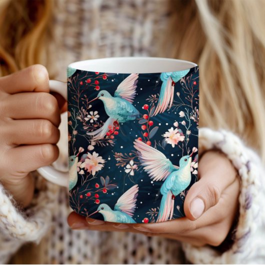 カラフルな冬のハチドリと花のパターン コーヒーマグカップ