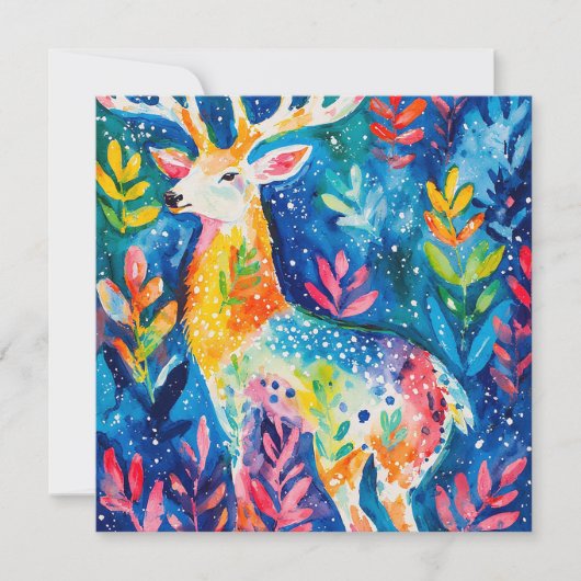 カラフルな冬の鹿の水彩画 招待状 (正面)