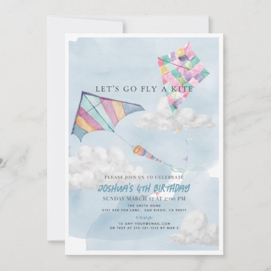 カラフルな凧と青空の水彩誕生日 招待状 (正面)