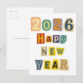 カラフルな切り抜き「2026 ハッピーニューイヤー」コラージュ インビテーションポストカード (正面/裏面)