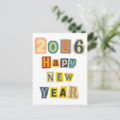 カラフルな切り抜き「2026 ハッピーニューイヤー」コラージュ インビテーションポストカード (スタンド正面)