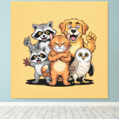 カラフルな動物の友達チームのイラスト キャンバスプリント (インサイチュ (ウッドフロア))