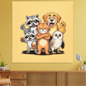 カラフルな動物の友達チームのイラスト キャンバスプリント (インサイチュ (リビング))