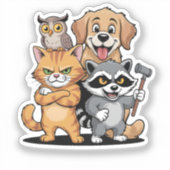 カラフルな動物の友達チームのイラスト シール (正面)