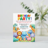 カラフルな動物園の動物たちの誕生日パーティー招待状 ポストカード (スタンド正面)