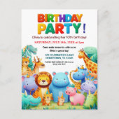 カラフルな動物園の動物たちの誕生日パーティー招待状 ポストカード (正面)