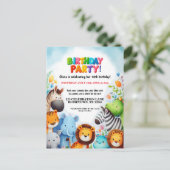 カラフルな動物園の動物たちの誕生日パーティー招待状 ポストカード (スタンド正面)