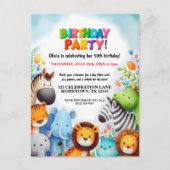 カラフルな動物園の動物たちの誕生日パーティー招待状 ポストカード (正面)