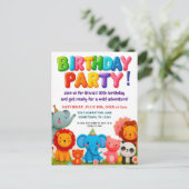 カラフルな動物園の動物たちの誕生日パーティー招待状 ポストカード (スタンド正面)
