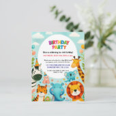 カラフルな動物園の動物の誕生日パーティー招待状 ポストカード (スタンド正面)