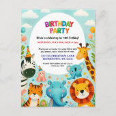 カラフルな動物園の動物の誕生日パーティー招待状 ポストカード (正面)