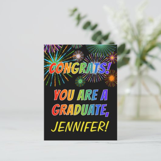 カラフルな卒業おめでとう + あなたのお名前 ポストカード (スタンド正面)