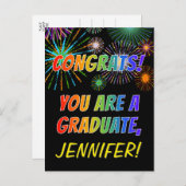 カラフルな卒業おめでとう + オーダーメイド名前 ポストカード (正面/裏面)