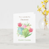 カラフルな卵とチューリップの友達イースター カード (黄色い花)