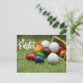 カラフルな卵のゴルフボールでゴルフのイースター シーズンポストカード (スタンド正面)