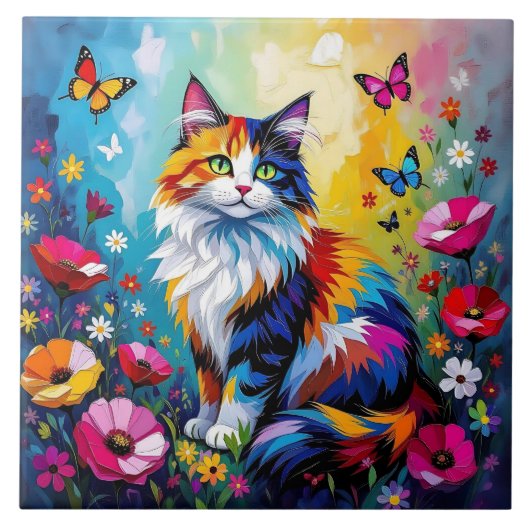 カラフルな厚塗りの猫と花 タイル (正面)