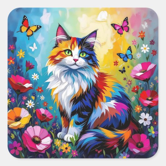 カラフルな厚塗り猫と花のデザイン スクエアシール (正面)